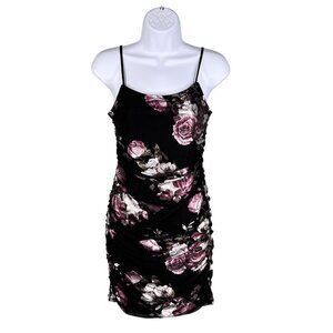 Black Foiled Pink Floral Ruched Mini Dress Bodycon Coquette Whimsigoth Womens S